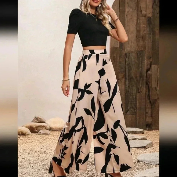 Women Summer Black Knitted Top And Floral Wide Leg Pants 2pcs Set - Picture 4 of 6